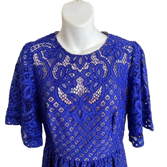 BCBGMaxazria Jillyan Larkspur Blue Lace Overlay Nude Lining Coquette Dress Sz 6 - Picture 6 of 9